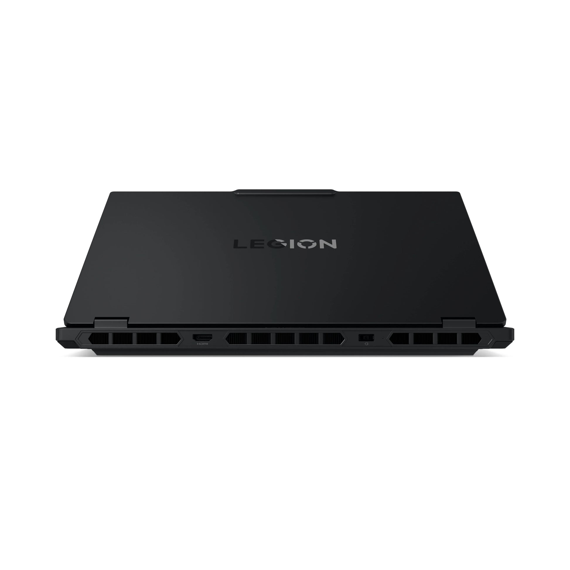 Closed black gaming laptop with visible rear vents and Legion logo on the lid
