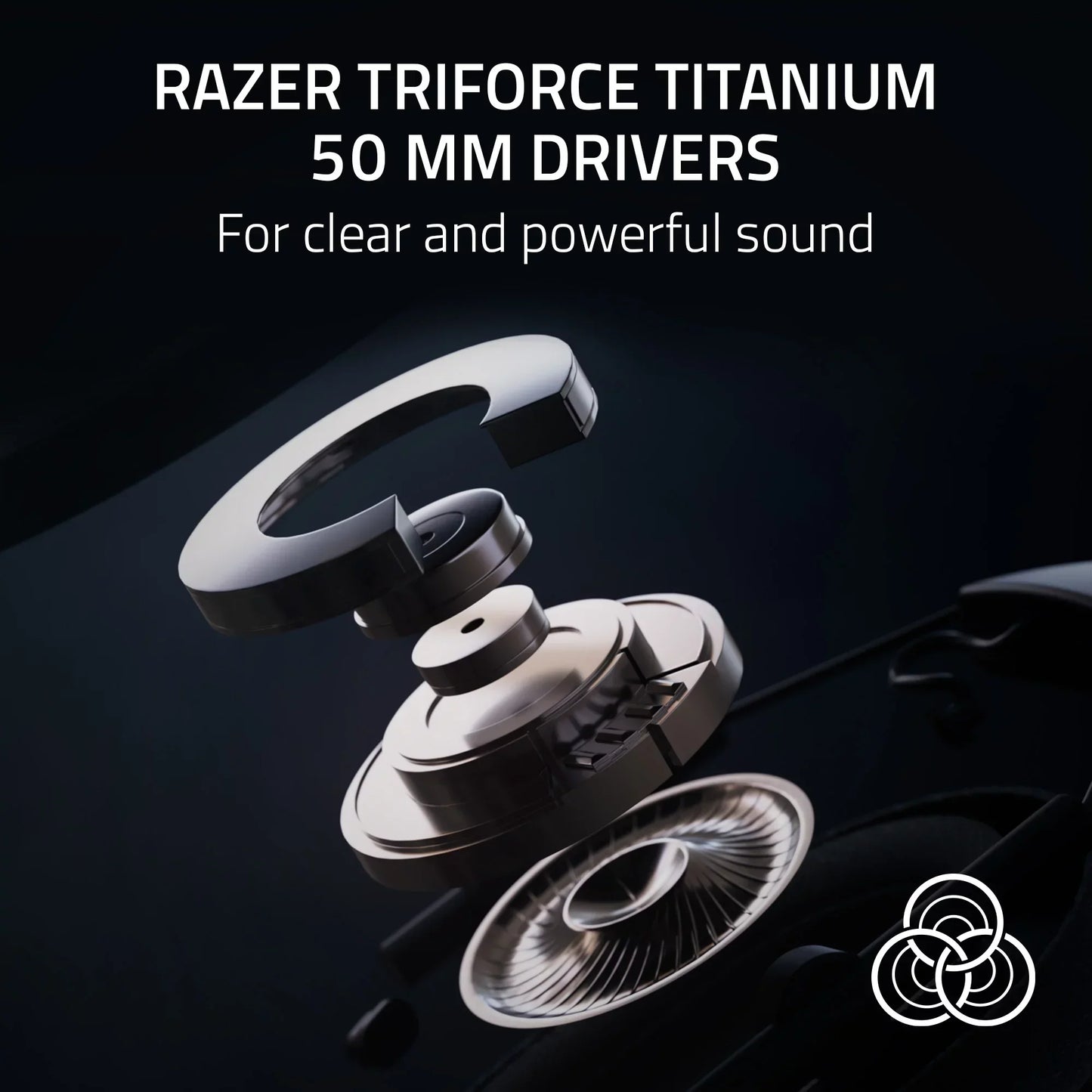 Exploded view of Razer Triforce Titanium 50 mm headphone driver components with clear sound text