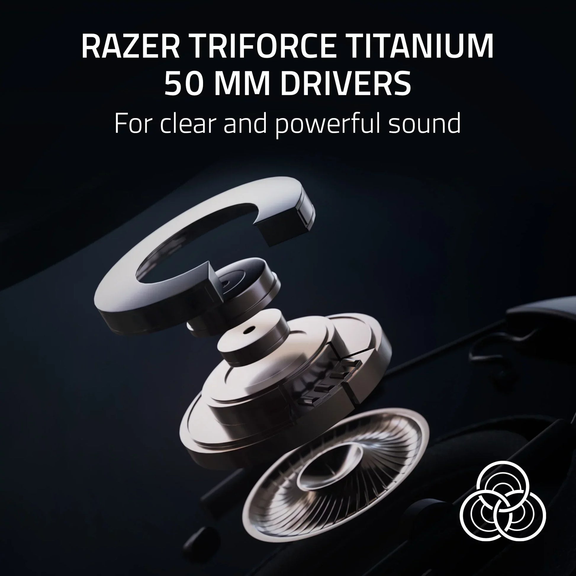 Exploded view of Razer Triforce Titanium 50 mm headphone driver components with clear sound text