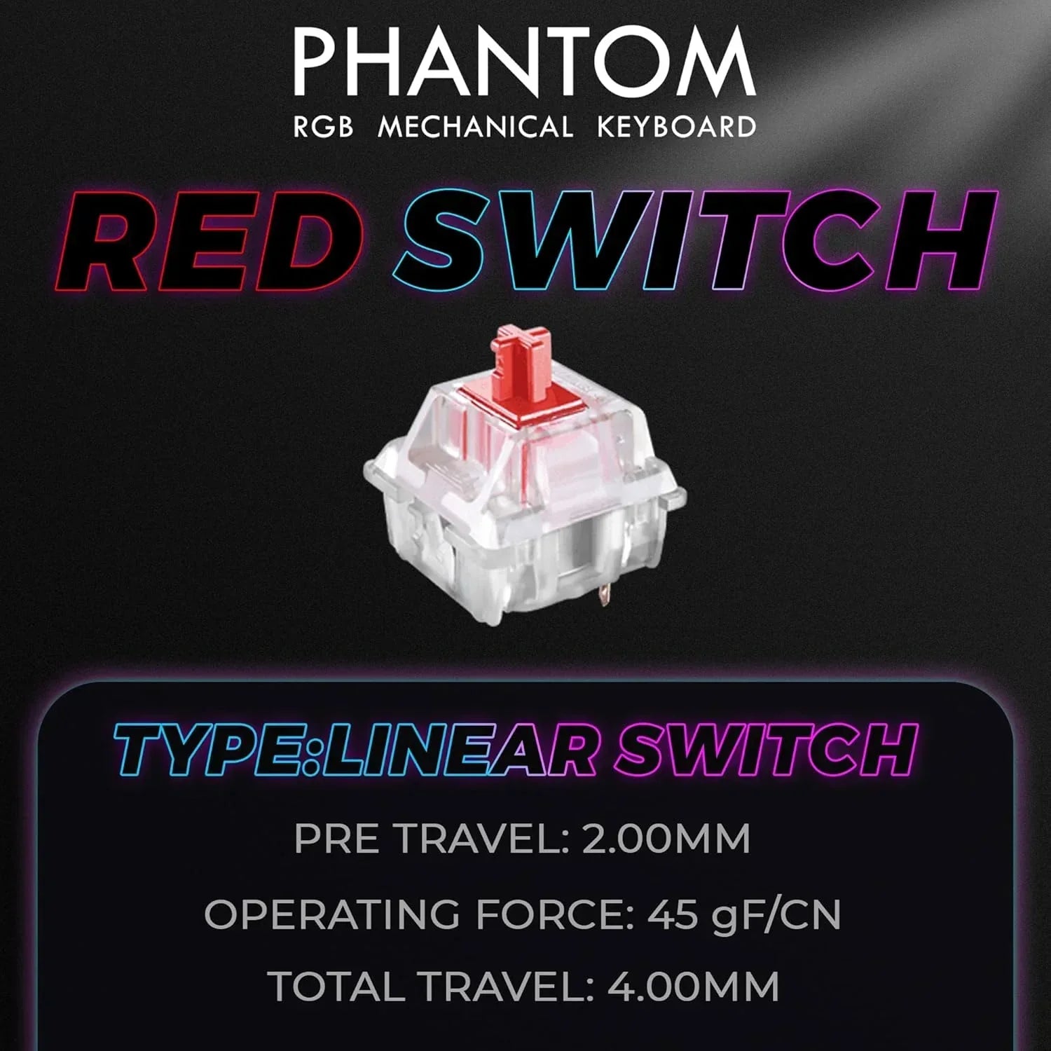 Phantom RGB mechanical keyboard red linear switch, close-up with specs, modern gaming gear.