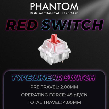 Phantom RGB mechanical keyboard red linear switch, close-up with specs, modern gaming gear.