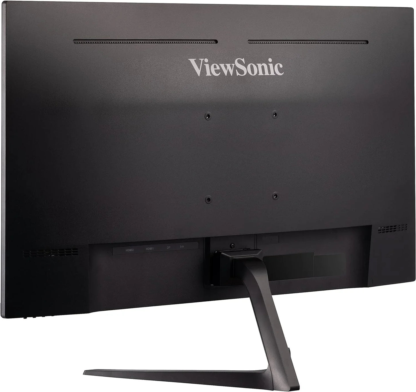 ViewSonic gaming monitor back view in matte black with stand and HDMI and DisplayPort inputs