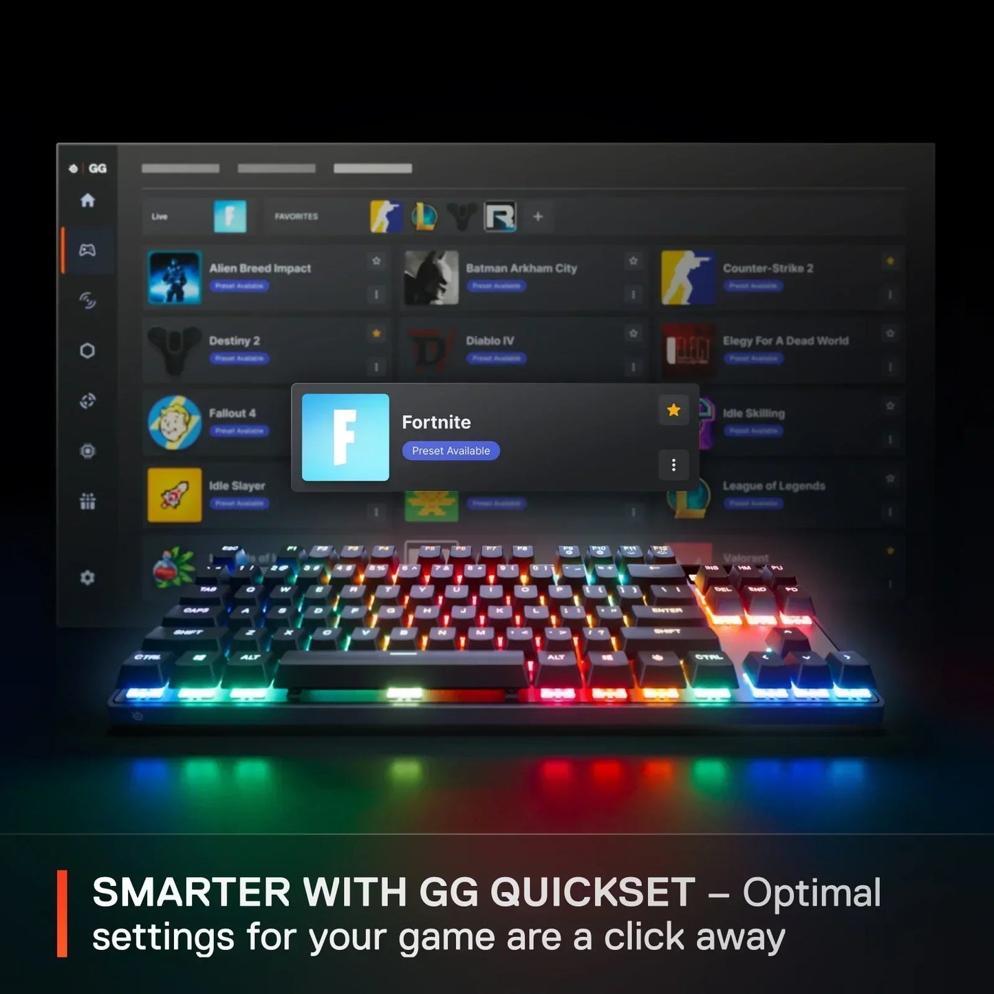 RGB gaming keyboard with Fortnite preset highlighted on GG Quickset software, modern gaming gear