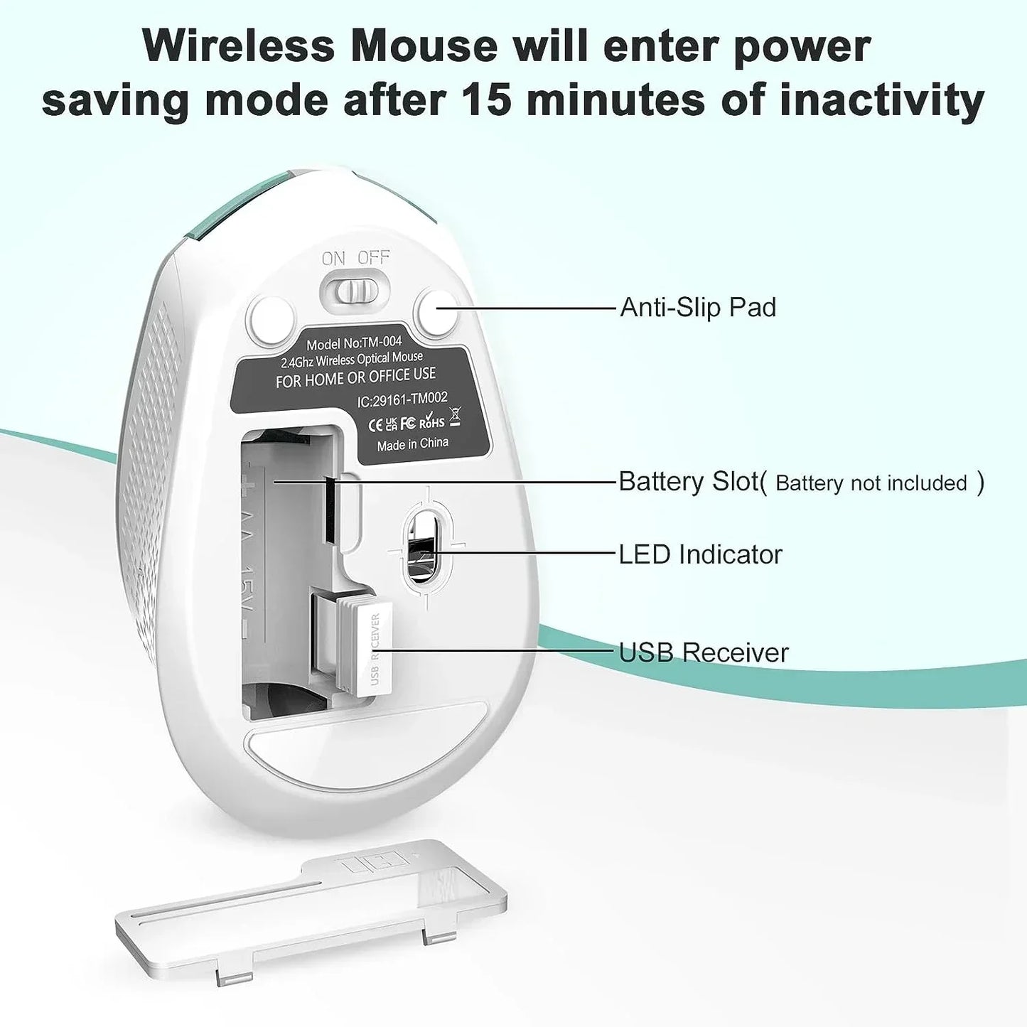 Back of wireless mouse showing anti-slip pad, battery slot, LED indicator, and USB receiver