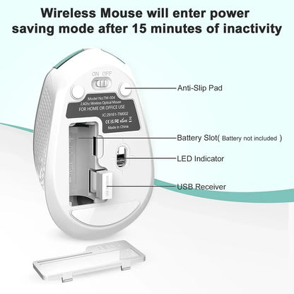 Back of wireless mouse showing anti-slip pad, battery slot, LED indicator, and USB receiver