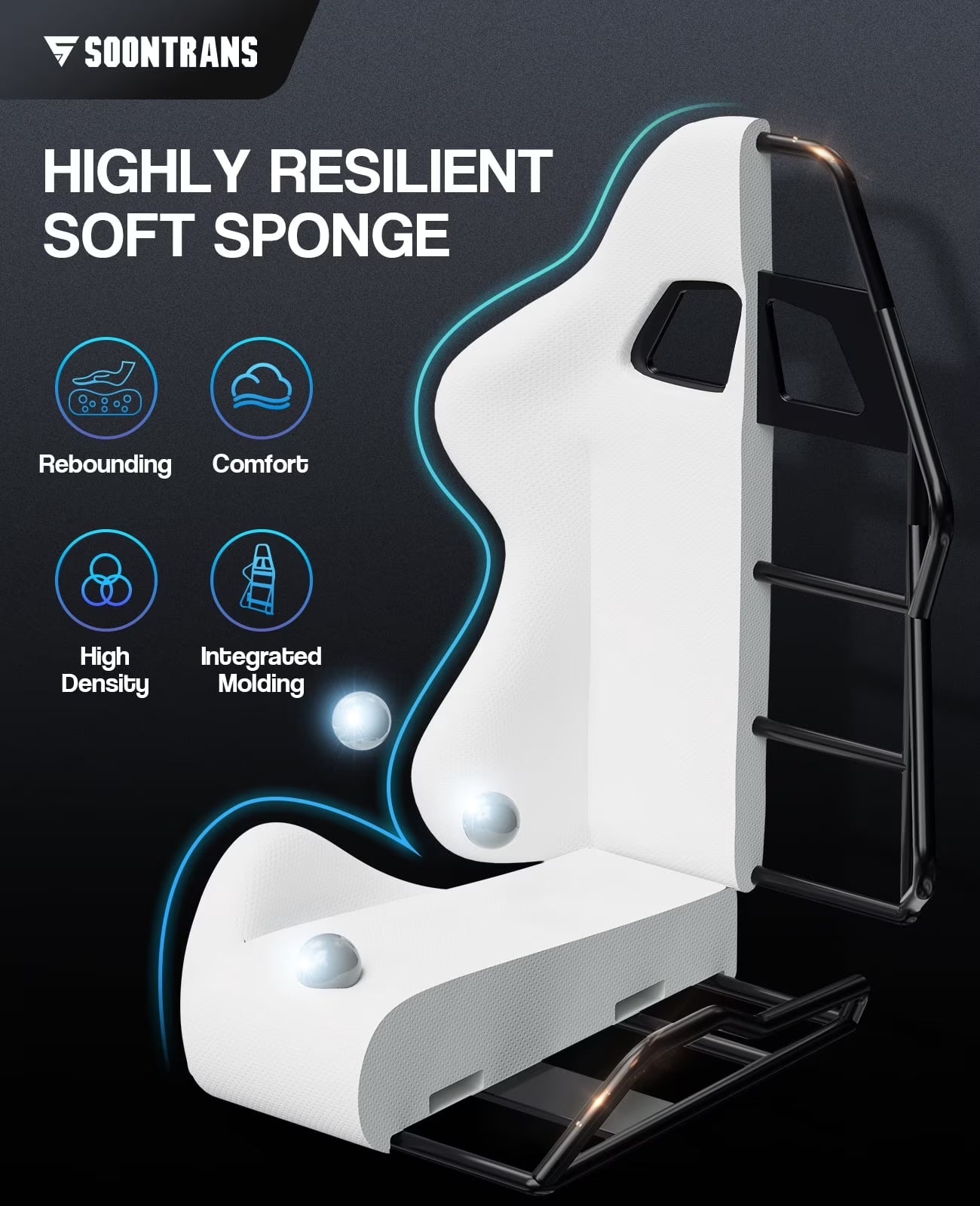 White gaming chair with highly resilient soft sponge, ergonomic design, and black frame for comfort and support
