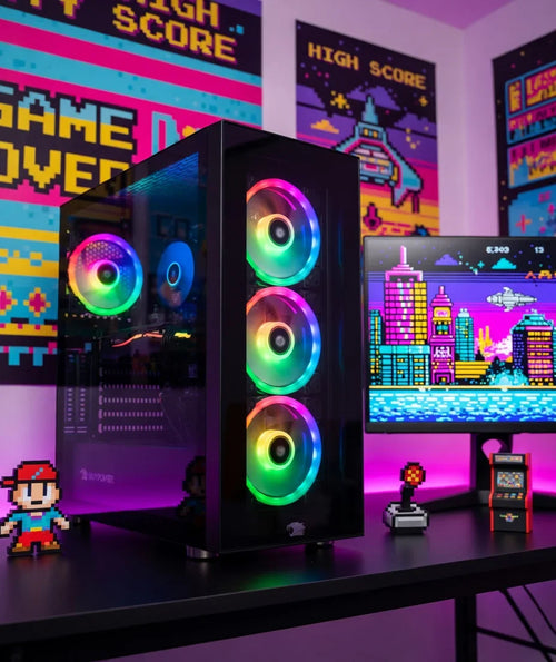 RGB gaming PC with glass case, retro pixel decor, and 8-bit cityscape on monitor
