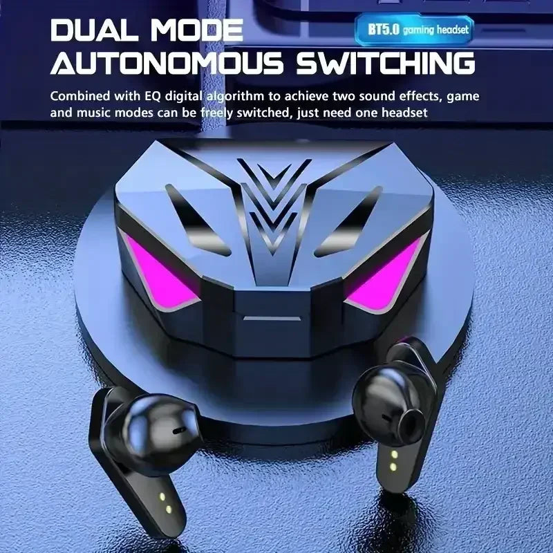 Black BT5.0 gaming earbuds with angular charging case featuring purple LED lights and dual mode autonomous switching text