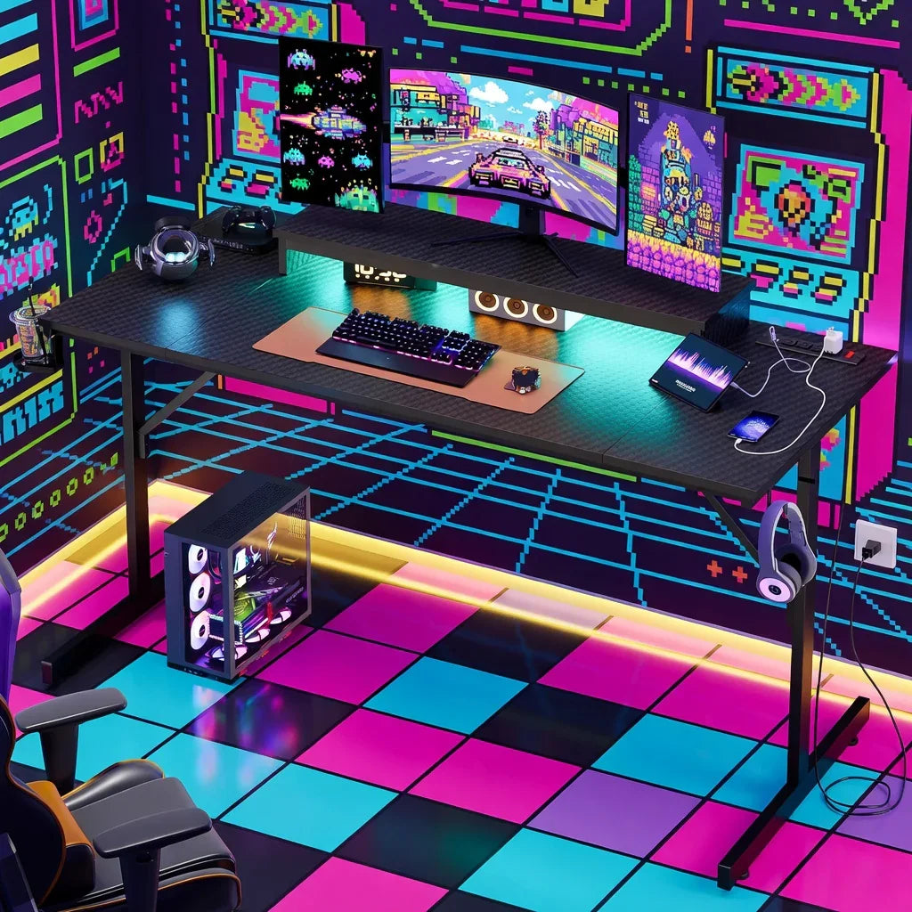 Retro 8-bit themed gaming setup with RGB keyboard, monitors, headset, and neon decor