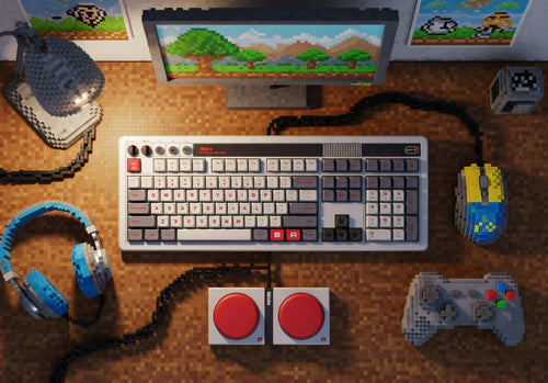 Retro 8-bit gaming setup with pixel art keyboard, mouse, controller, headset, and monitor