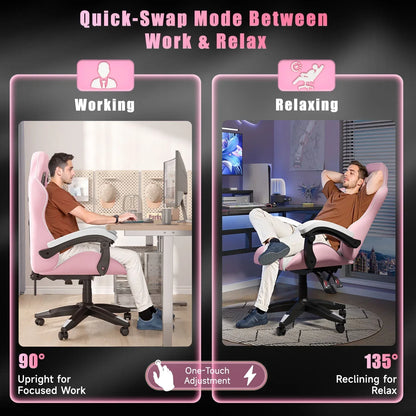 Pink gaming chair with 90° upright and 135° recline modes for work and relaxation, one-touch adjustment