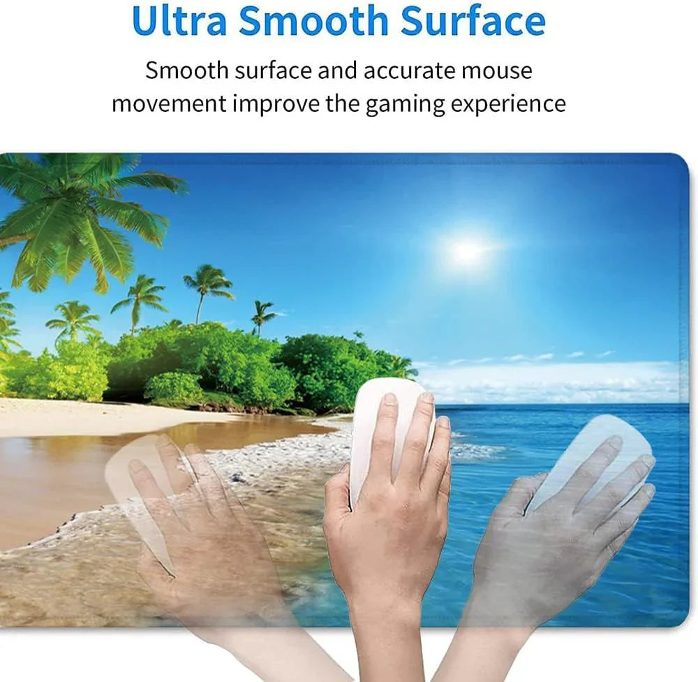 Gaming mouse on large mouse pad with tropical beach and palm trees, demonstrating smooth movement