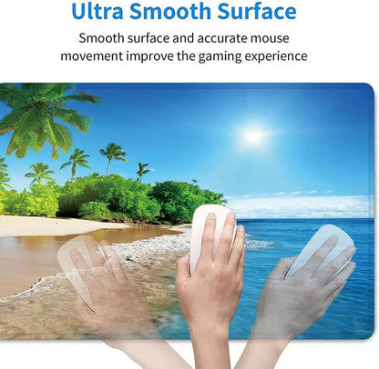Gaming mouse on large mouse pad with tropical beach and palm trees, demonstrating smooth movement