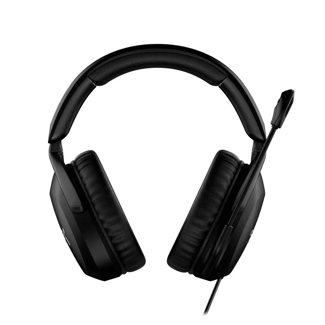 Black over-ear gaming headset with padded headband and adjustable microphone on white background