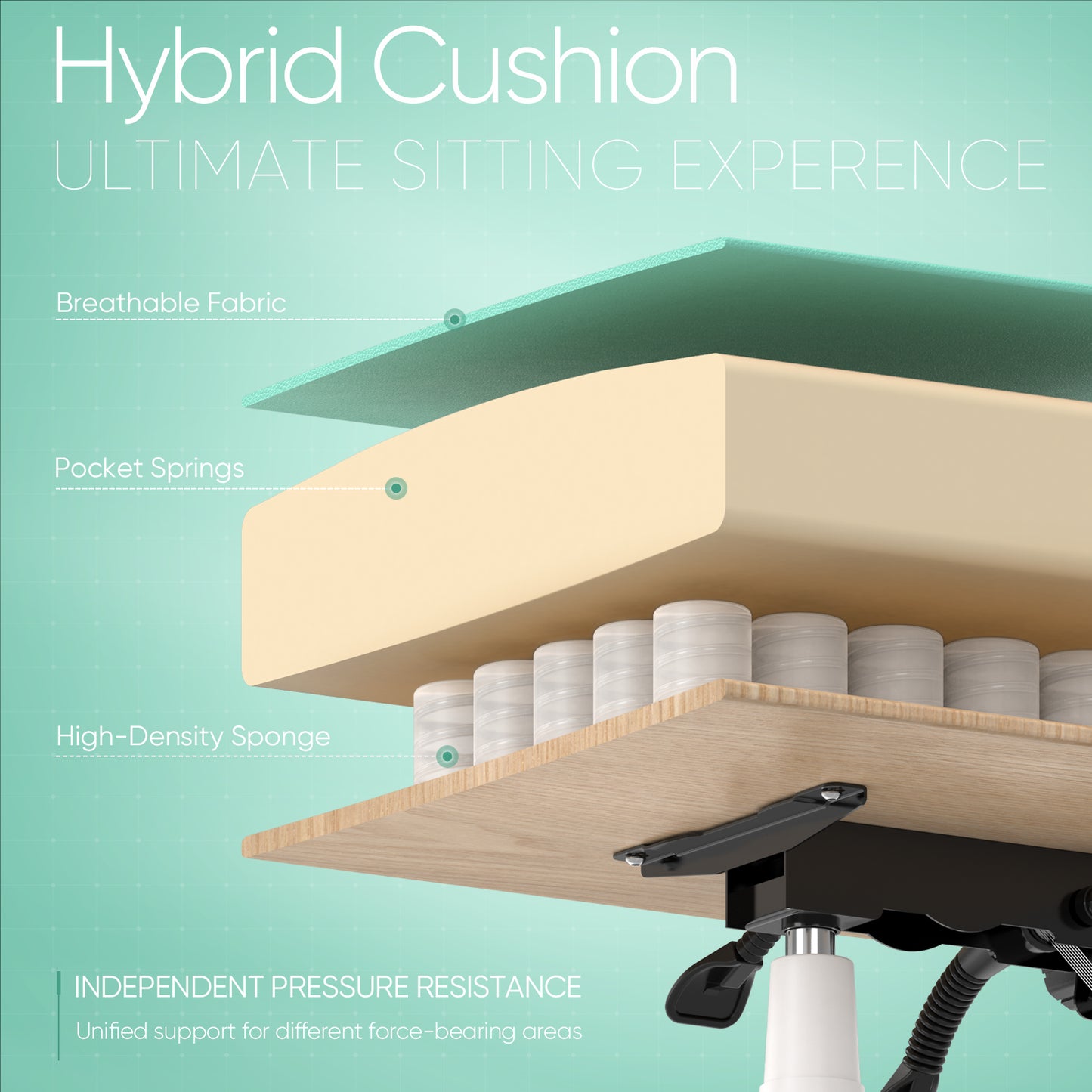 Hybrid cushion gaming chair with breathable fabric, pocket springs, and high-density sponge for ergonomic support