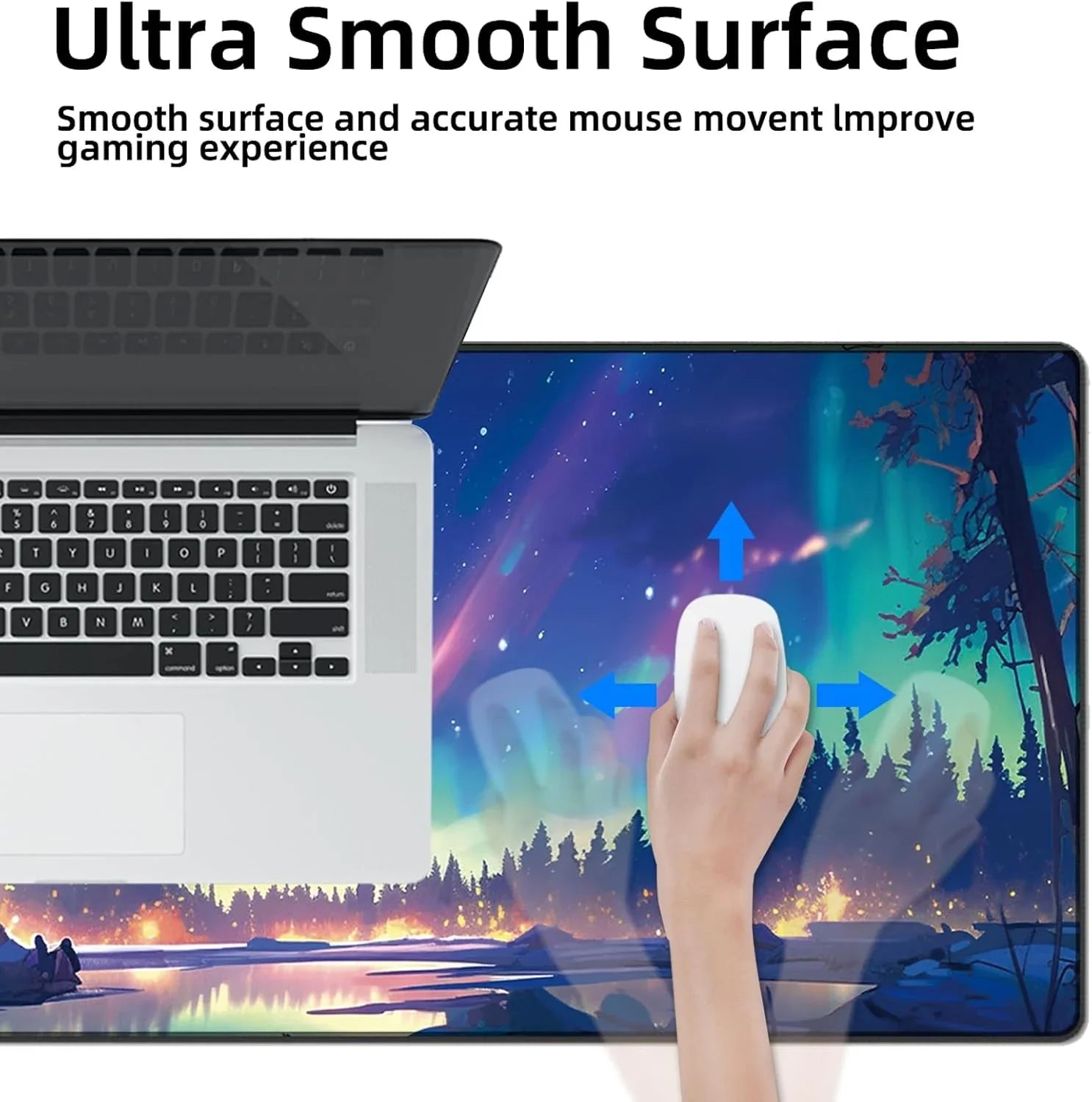 Hand using a white mouse on a large gaming mousepad with a colorful aurora forest design