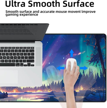 Hand using a white mouse on a large gaming mousepad with a colorful aurora forest design