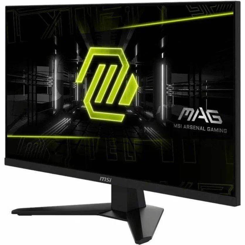 MSI curved gaming monitor displaying neon green MSI Arsenal Gaming logo with futuristic black background