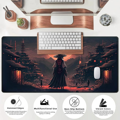 Large gaming mouse pad with samurai warrior art, keyboard, white mouse, and desk accessories