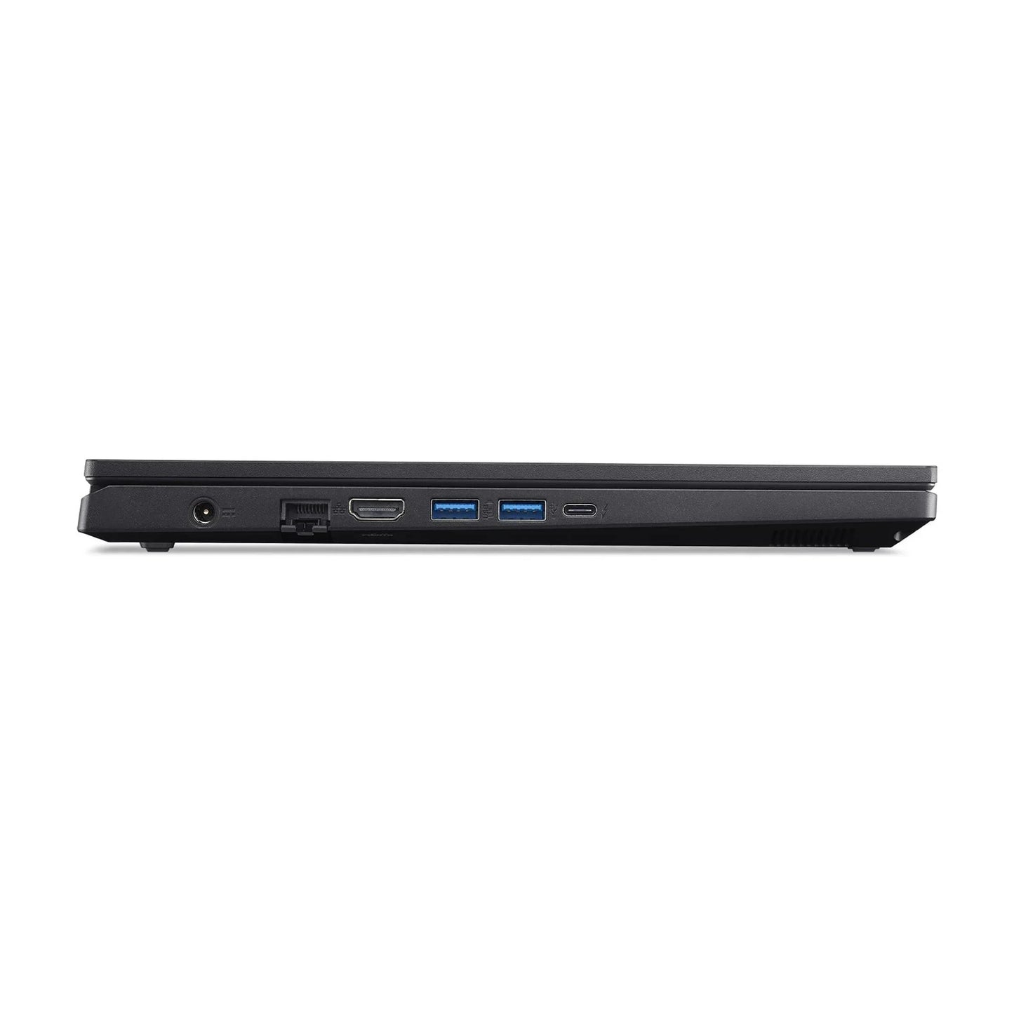 Side view of a slim black gaming laptop showing HDMI, USB, Ethernet, and USB-C ports