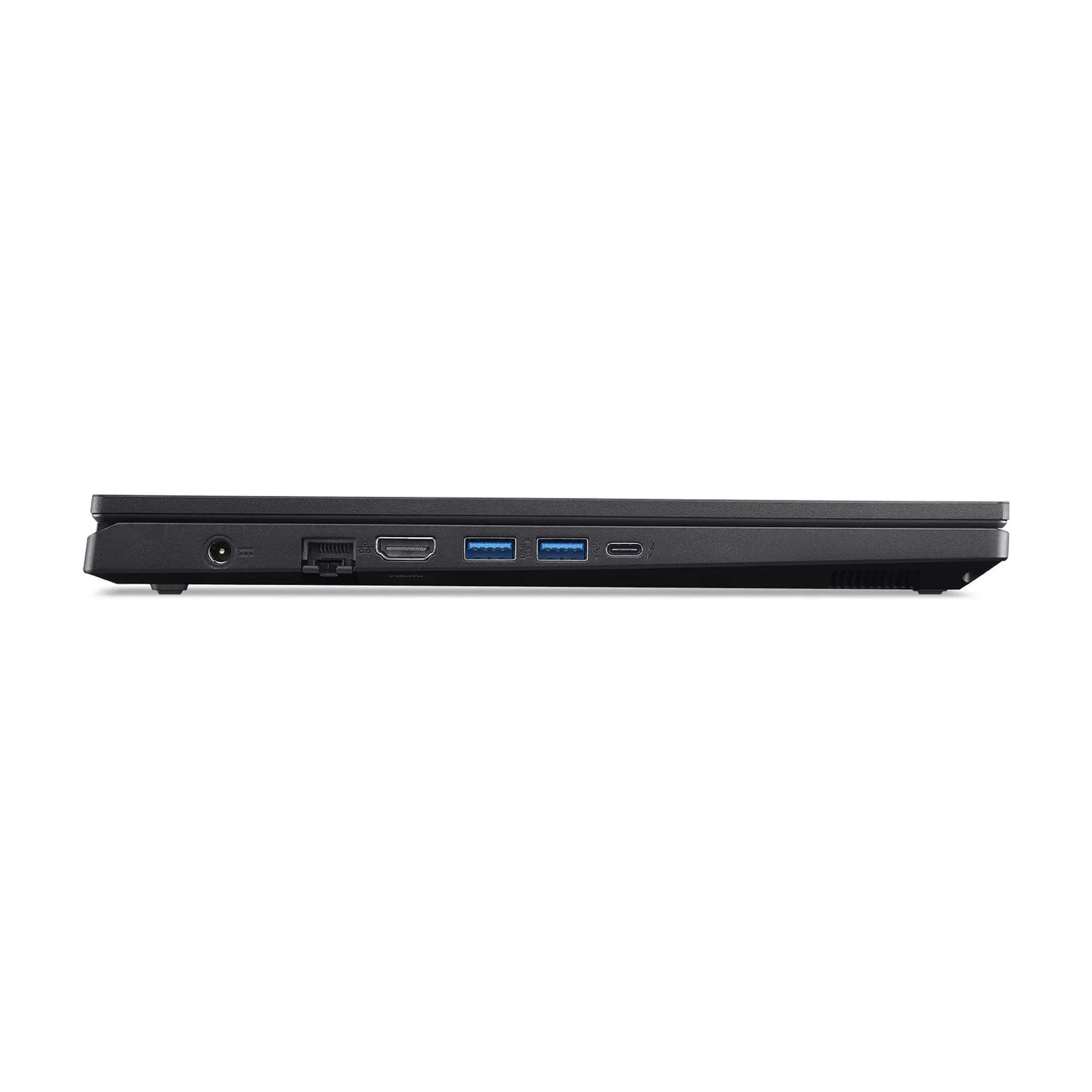 Side view of a slim black gaming laptop showing HDMI, USB, Ethernet, and USB-C ports