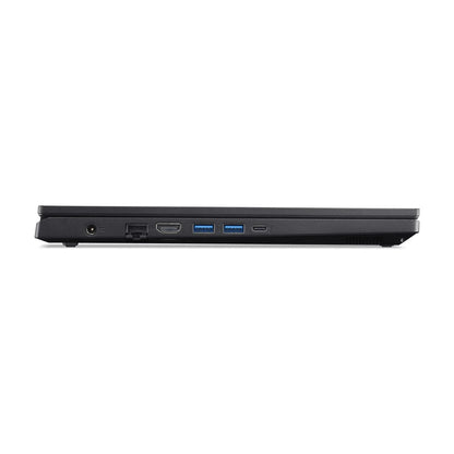 Side view of a slim black gaming laptop showing HDMI, USB, Ethernet, and USB-C ports