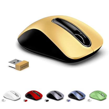 Wireless computer mouse in gold, red, white, silver, blue, and green with USB receiver