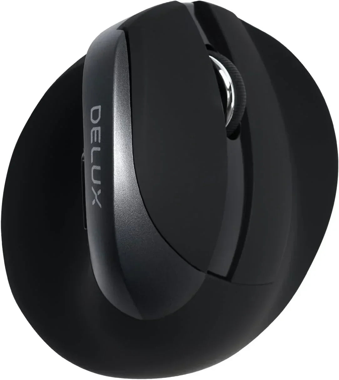 Ergonomic vertical black wireless mouse with scroll wheel for gaming setups