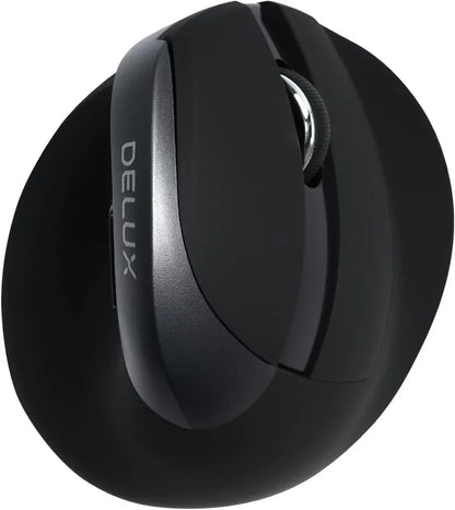 Ergonomic black vertical wireless mouse with scroll wheel and DELUX logo, side view