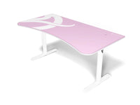 Modern gaming desk with pink surface and white abstract design on white metal legs