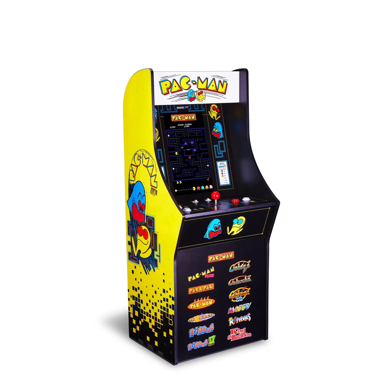 Retro Pac-Man arcade machine with joystick and classic 8-bit graphics, perfect for gaming rooms