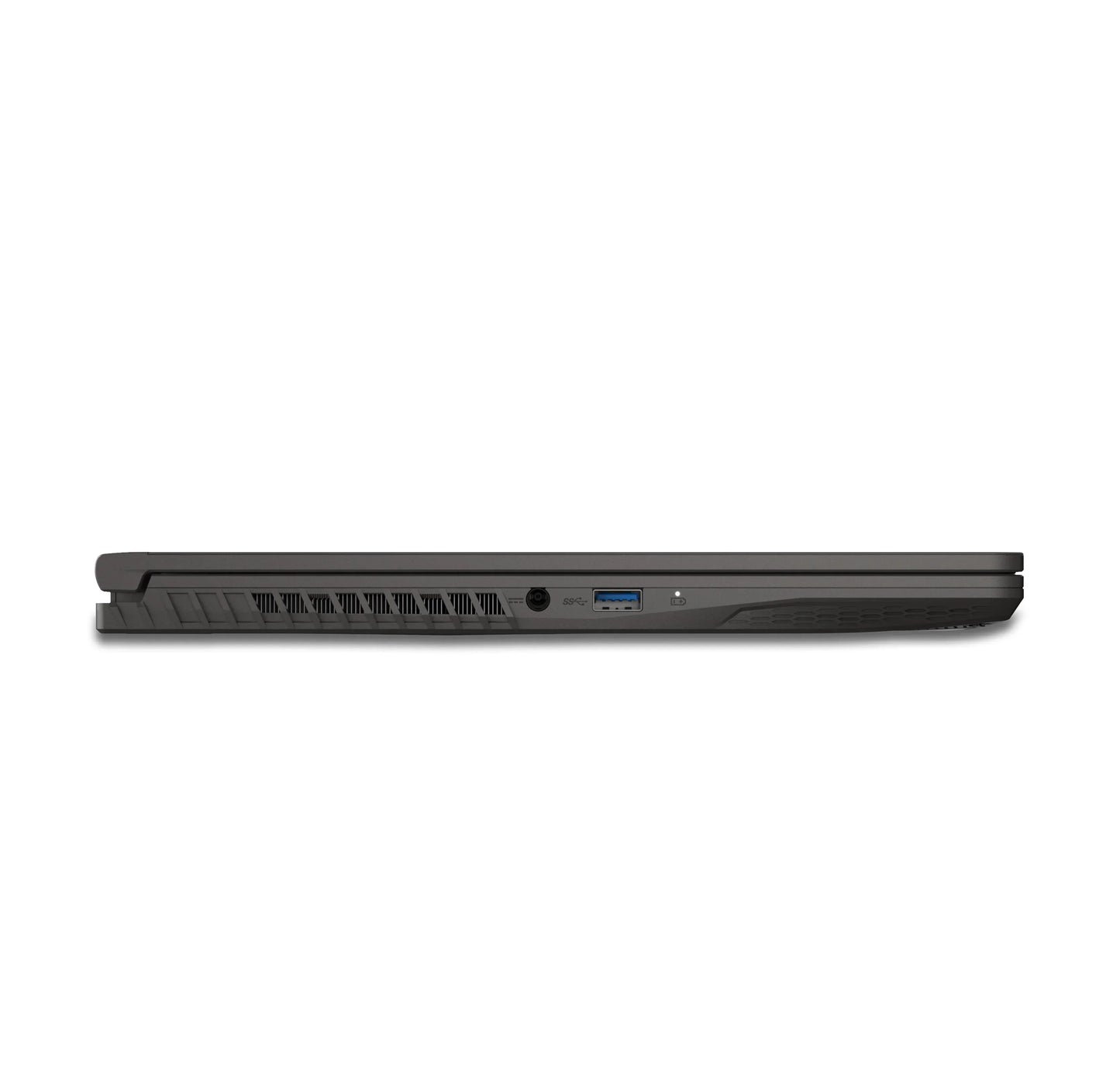 Side view of a closed gaming laptop with USB port and cooling vents