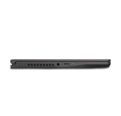 Side view of a closed gaming laptop with USB port and cooling vents
