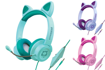 Three colorful Hypergear cat ear gaming headsets in blue, purple, and pink with microphones and audio connectors