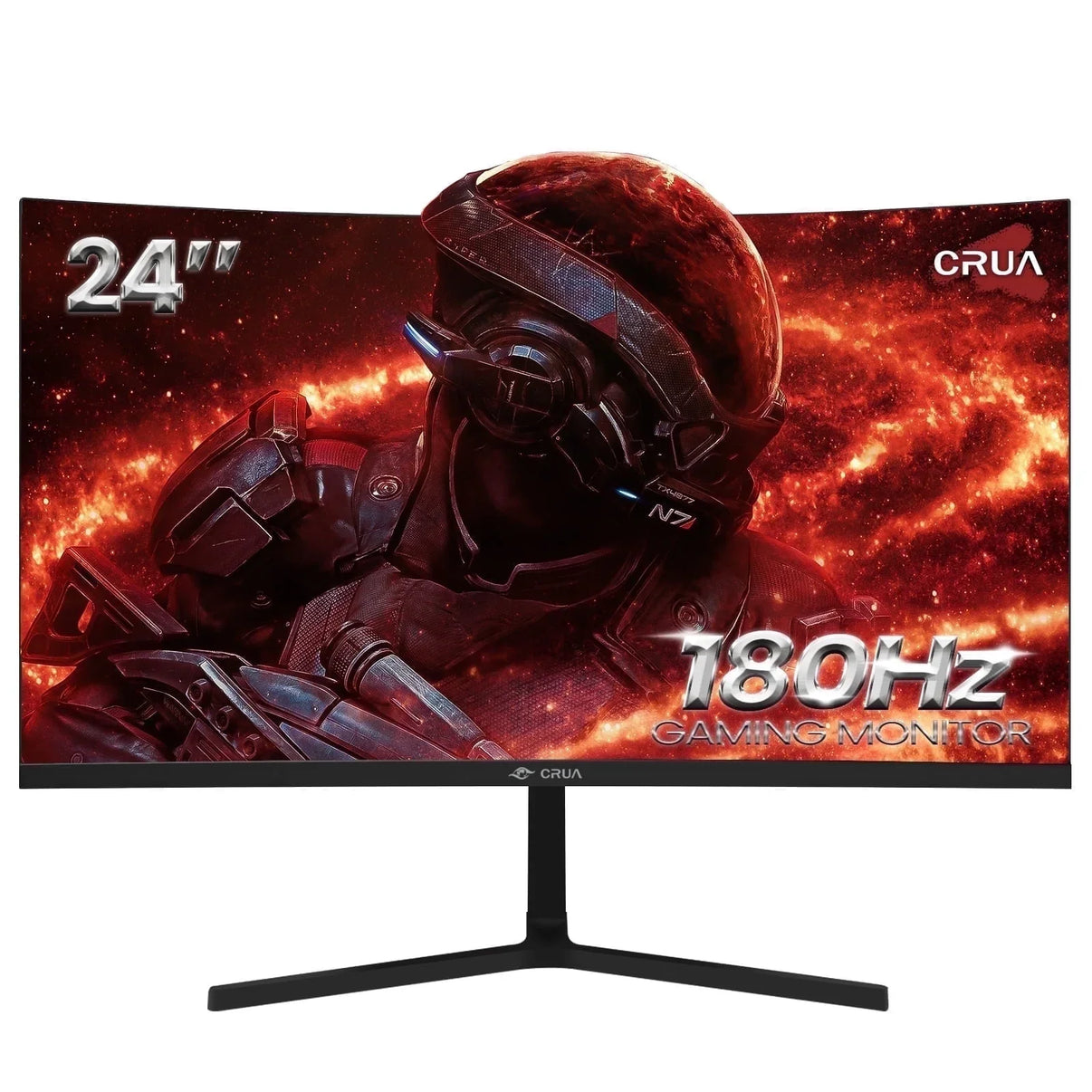 24-inch CRUA curved gaming monitor with 180Hz refresh rate showing sci-fi soldier and fiery galaxy