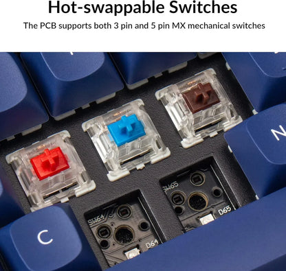 Hot-swappable RGB mechanical keyboard switches in blue, red, and brown on Byte Style keyboard