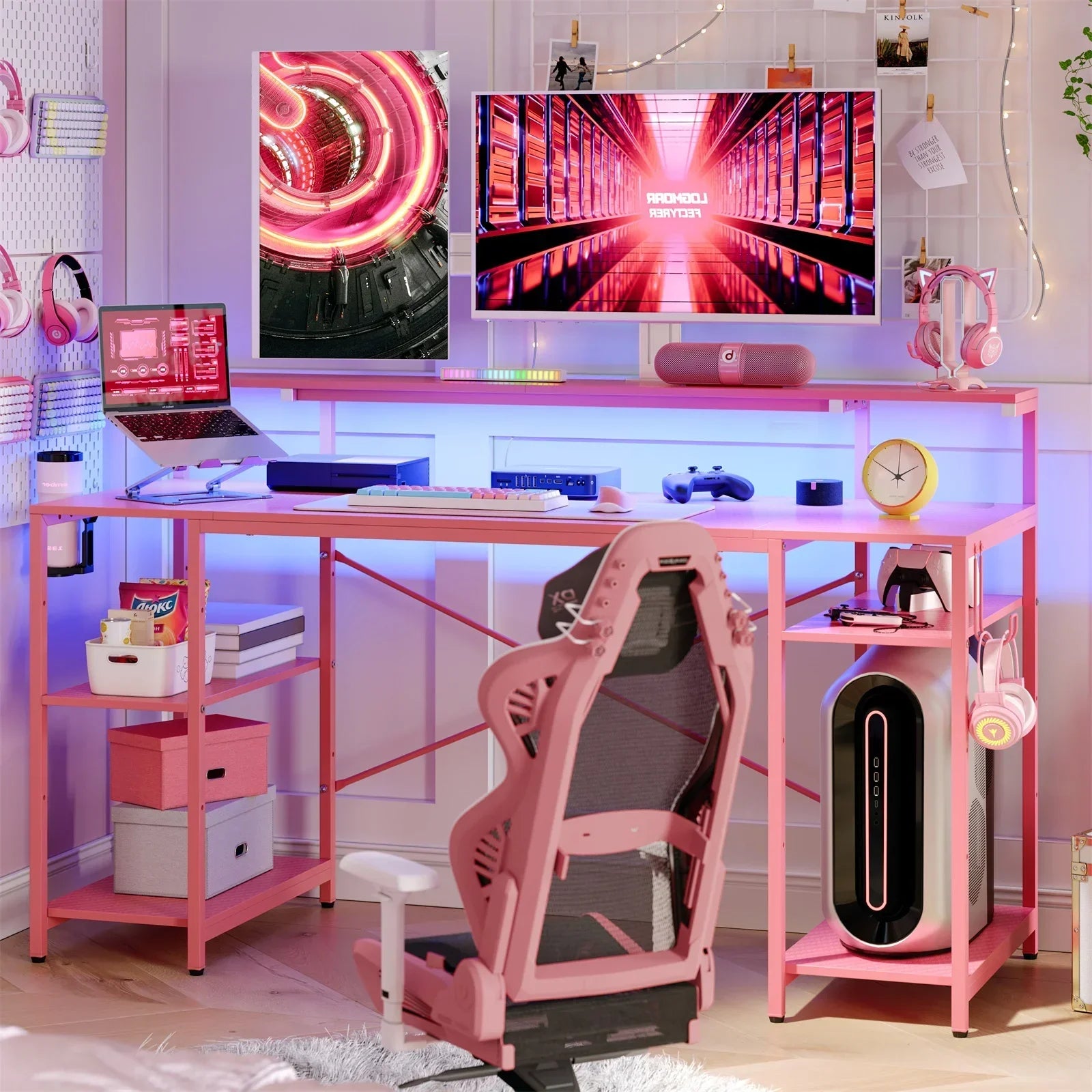 55" Pink Gaming Computer Desk with LED Light & Monitor Stand Corner Desk for Home Office, Pink Carbon Fiber