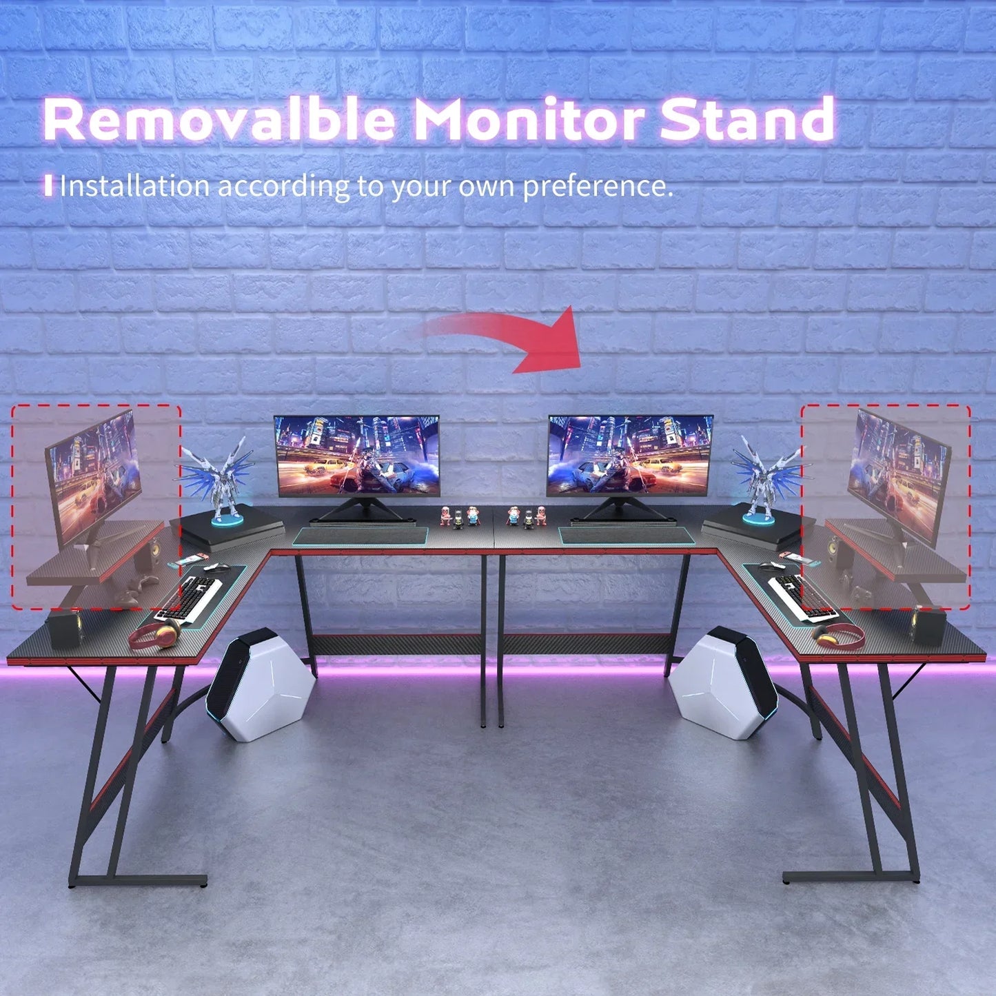 Modern gaming desk setup with removable monitor stand, multiple screens, RGB lighting, and gaming accessories