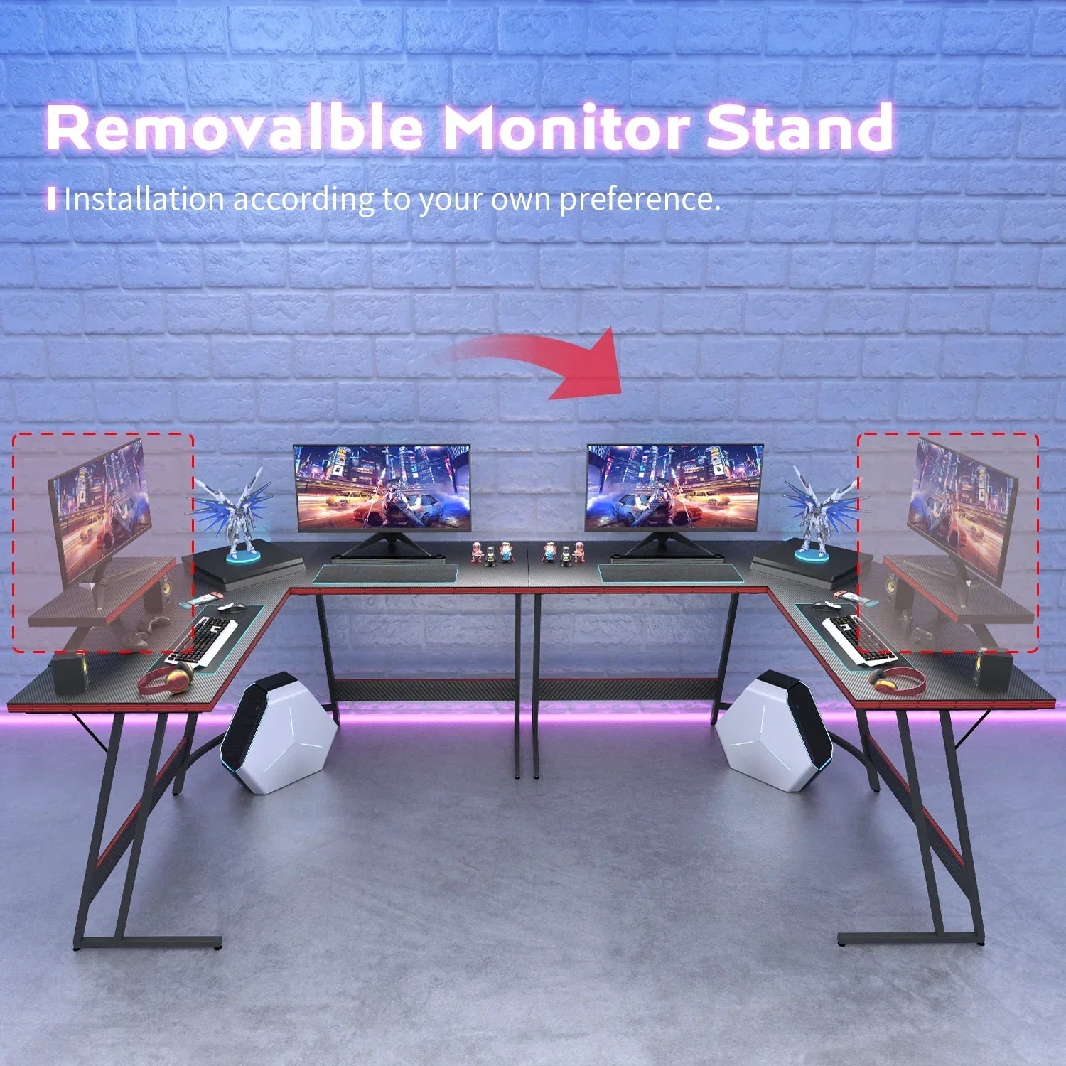 Modern gaming desk setup with removable monitor stand, multiple screens, RGB lighting, and gaming accessories