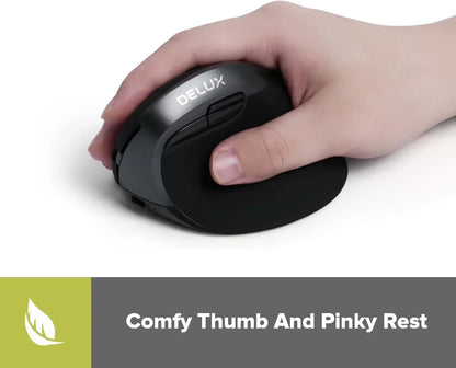 Ergonomic vertical gaming mouse with comfy thumb and pinky rest, held by a hand