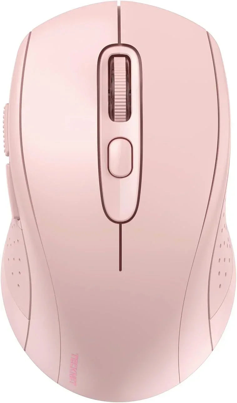 Top view of a pink wireless gaming mouse with ergonomic design and side buttons.
