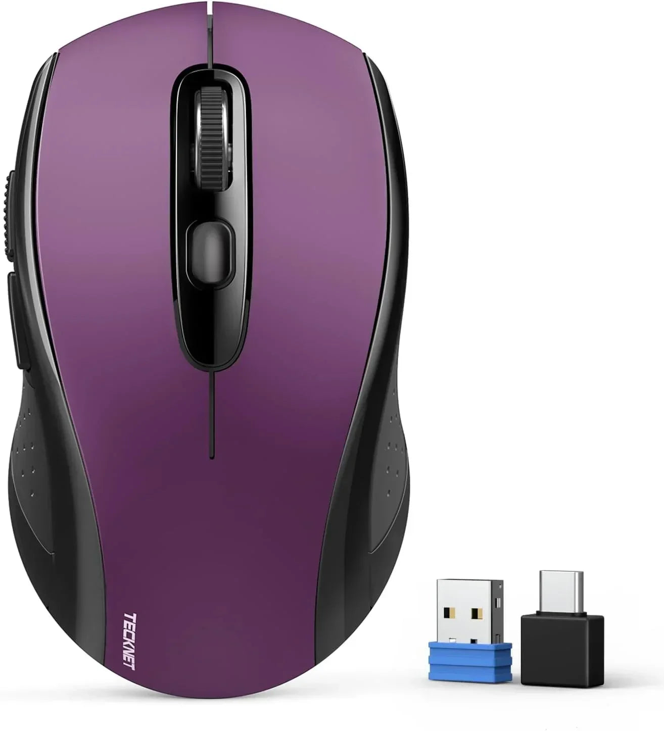 Purple wireless computer mouse with USB and USB-C receivers on white background