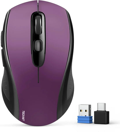 Purple wireless computer mouse with USB and USB-C receivers on white background