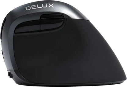 Ergonomic vertical wireless mouse with black and silver finish, DELUX logo visible