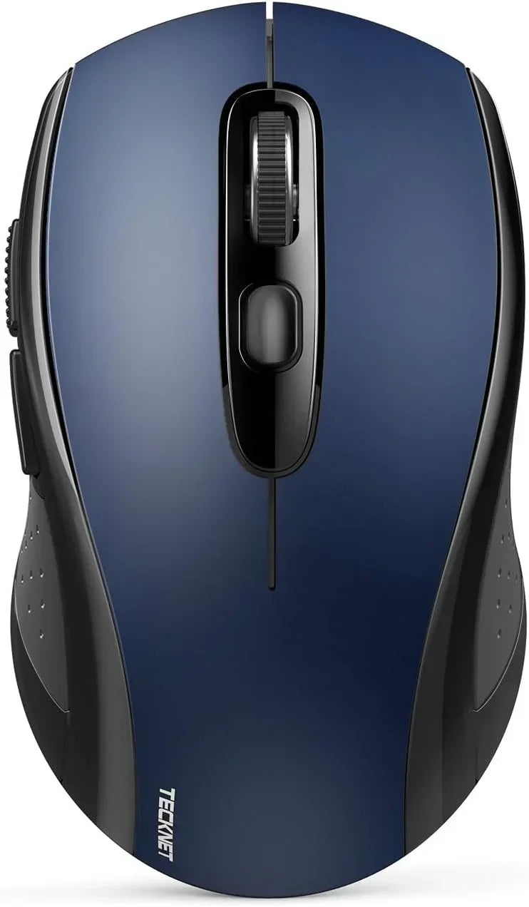 Ergonomic wireless blue computer mouse with scroll wheel and side buttons