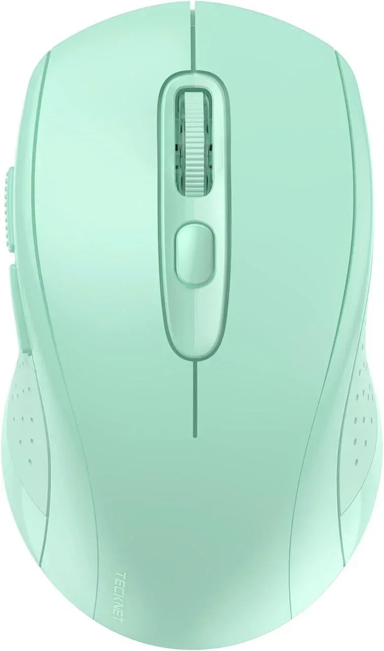 Mint green wireless computer mouse with scroll wheel, top view, ergonomic design