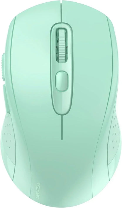 Mint green wireless computer mouse with scroll wheel, top view, ergonomic design