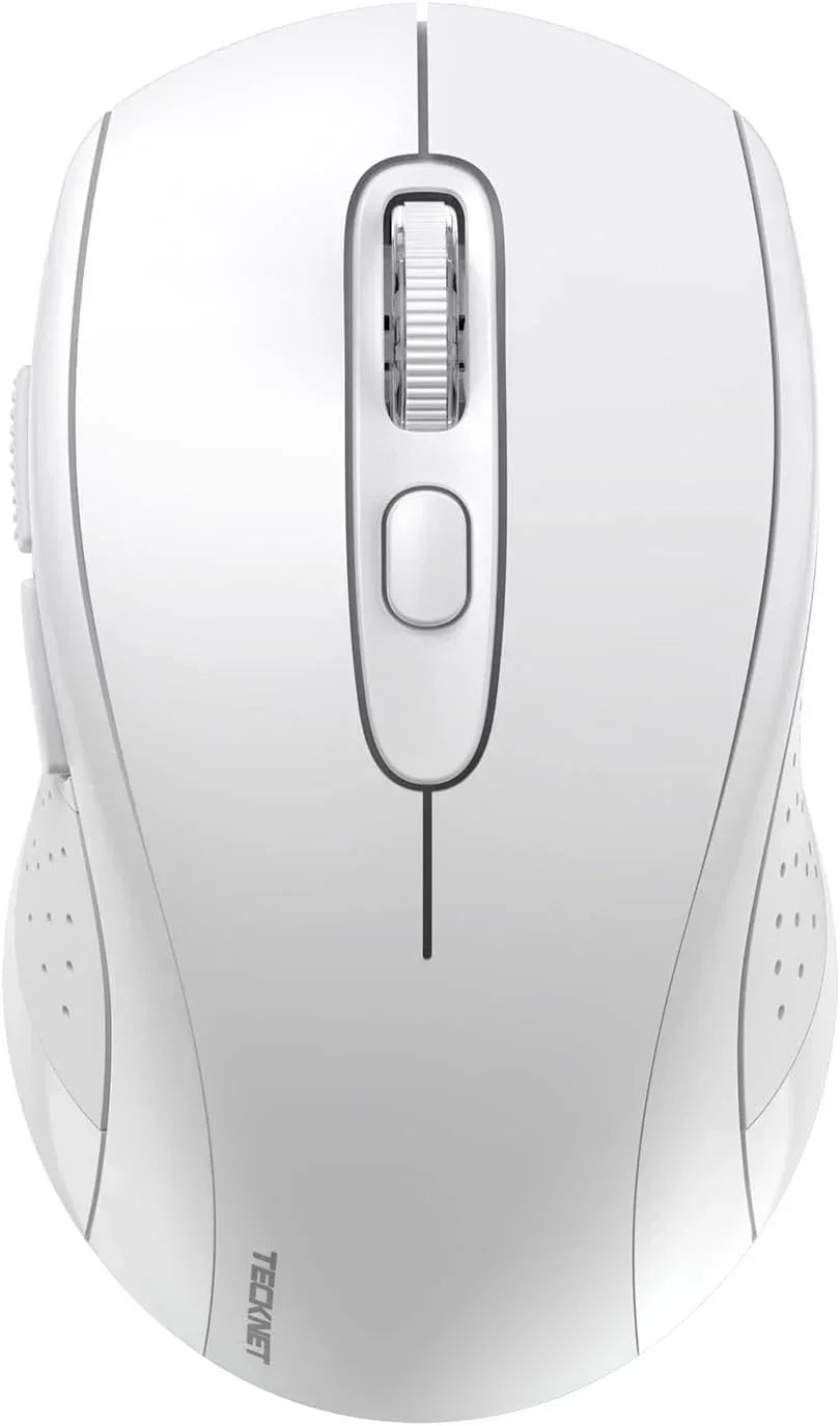 Top view of a white wireless ergonomic computer mouse with textured sides and scroll wheel