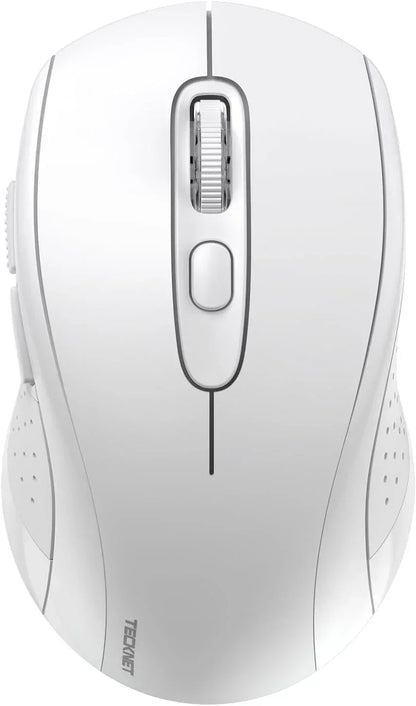 Top view of a white wireless ergonomic computer mouse with textured sides and scroll wheel