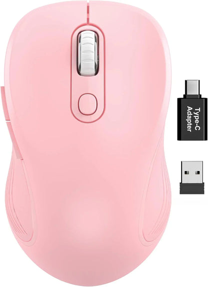 Pink wireless gaming mouse with scroll wheel, USB receiver and Type-C adapter